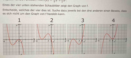 1(x)-frac 9x+frac 3x. 
Eines der vier unten stehenden Schaubilder zeigt den Graph von f. 
Entscheide, welches der vier dies ist. Suche dazu jeweils bei den drei anderen einen Beweis, dass 
es sich nicht um den Graph von f handeln kann. 
1 
2 
3 
4