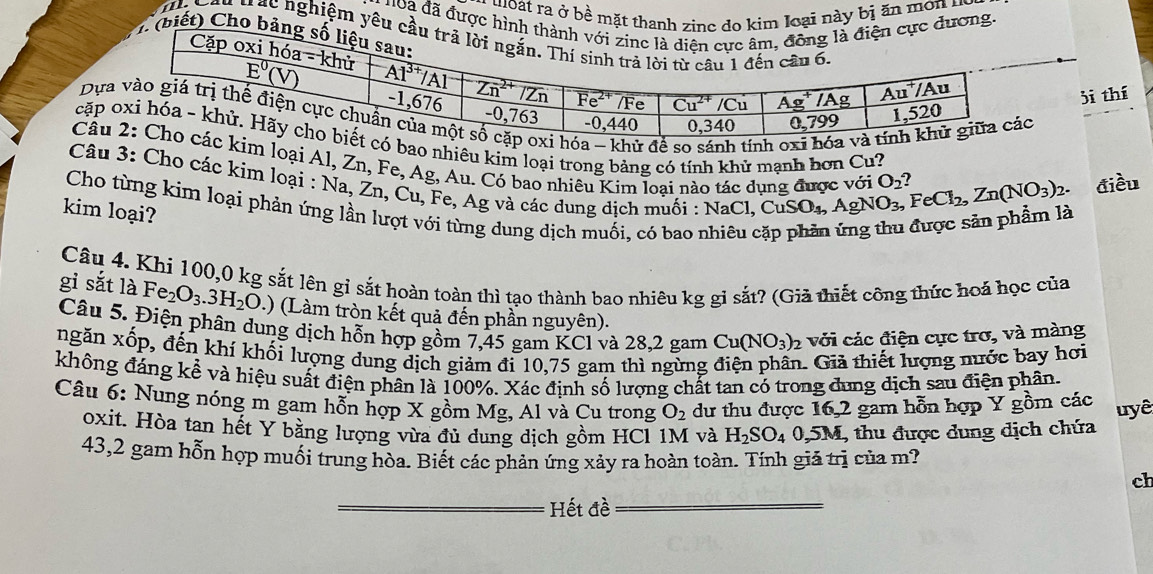 Qoat ra ở bề m này bị ăn mo n  
đoa đã đượ
Tặc nghiệm 
3i thí
óa - đề so sánh tính ox1 
có bao nhiêu kim loại trong bảng có tính khử mạnh hơn Cu?
kim loại Al, Zn, Fe, Ag, Au. Có bao nhiêu Kim loại nào tác dụng được với NaCl,CuSO_4,AgNO_3,FeCl_2,Zn(NO_3)_2. O_2
điều
Câu 3: Cho các kim loại : Na, Zn, Cu, Fe, Ag và các dung dịch muối :
Cho từng kim loại phản ứng lần lượt với từng dung dịch muối, có bao 1
kim loại?
Câu 4. Khi 100,0 kg sắt lên gỉ sắt hoàn toàn thì tạo thành bao nhiêu kg gi sắt? (Giả thiết công thức hoả học của
gỉ sắt là Fe_2O_3.3H_2O.) (Làm tròn kết quả đến phần nguyên). Cu(NO_3) 2 với các điện cực trơ, và màng
Câu 5. Điện phân dung dịch hỗn hợp gồm 7,45 gam KCl và 28,2 gam
ngǎn Xhat O p, đến khí khối lượng dung dịch giảm đi 10,75 gam thì ngừng điện phân. Giả thiết lượng nước bay hơi
không đáng kể và hiệu suất điện phân là 100%. Xác định số lượng chất tan có trong đung dịch sau điện phân.
Câu 6: Nung nóng m gam hỗn hợp X gồm Mg, Al và Cu trong O_2 dư thu được 16,2 gam hỗn hợp Y gồm các uyê
oxit. Hòa tan hết Y bằng lượng vừa đủ dung dịch gồm HCl 1M và H_2SO_40,5M , thu được dung dịch chứa
43,2 gam hỗn hợp muối trung hòa. Biết các phản ứng xảy ra hoàn toàn. Tính giả trị của m?
ch
Hết đề