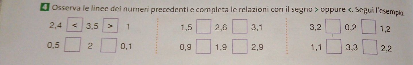 Osserva le linee dei numeri precedenti e completa le relazioni con il segno > oppure
2, 4 < <tex>3, 5 1 1, 5 2, 6 3, 1 3, 2 0, 2 1, 2
0, 5 2 0, 1 0, 9 1, 9 2, 9 1, 1 3, 3 2, 2