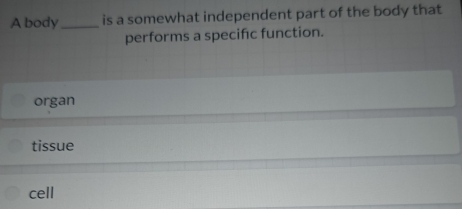 A body_ is a somewhat independent part of the body that
performs a specific function.
organ
tissue
cell