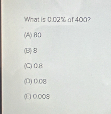 What is 0.02% of 400?
(A) 80
(B) 8
(C) 0.8
(D) 0.08
(E) 0.008