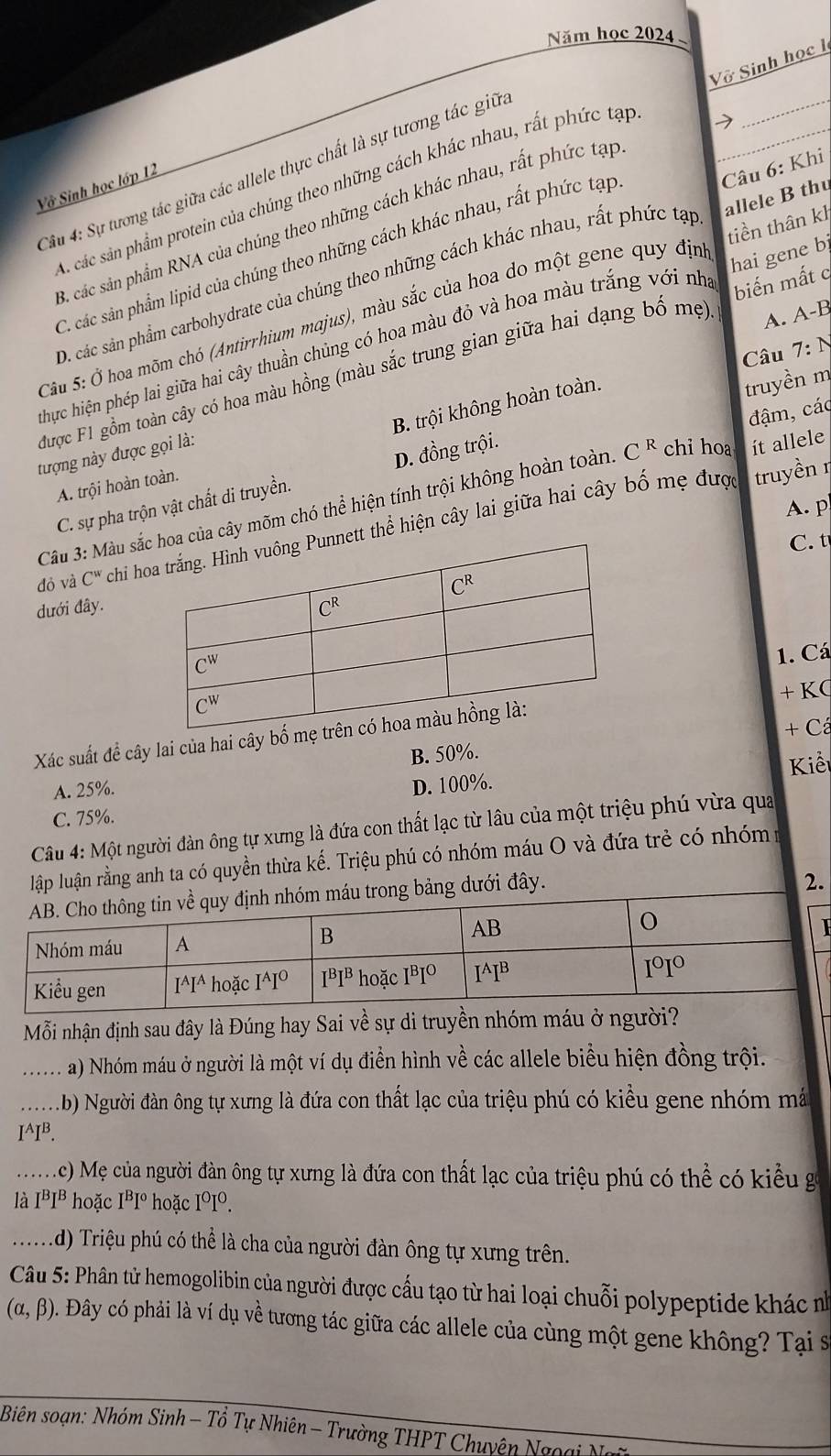 Năm học 2024
Vỡ Sinh học l
7
Cầu 4: Sự tương tác giữa các allele thực chất là sự tương tác giữ.
Vở Sinh học lớp 12
Câu 6: Khi
A các sản phẩm protein của chúng theo những cách khác nhau, rất phức tạp
_
B. các sản phẩm RNA của chúng theo những cách khác nhau, rất phức tạp
C. các sản phẩm lipid của chúng theo những cách khác nhau, rất phức tạp
D. các sản phẩm carbohydrate của chúng theo những cách khác nhau, rất phức tạp allele B thu
Câu 5: Ở hoa mõm chó (Antirrhium majus), màu sắc của hoa do một gene quy định tiền thân kh
A. A-B
Chực hiện phép lai giữa hai cây thuần chủng có hoa màu đỏ và hoa màu trắng với nhà hai gene b
Câu 7:1
được F1 gồm toàn cây có hoa màu hồng (màu sắc trung gian giữa hai dạng bố mẹ) biến mất q
B. trội không hoàn toàn.
truyền m
đậm, các
tượng này được gọi là:
truyền ŋ
C. sự pha trộn vật chất di truyền. D. đồng trội.
A. trội hoàn toàn.
Câu 3: Màu sắủa cây mõm chó thể hiện tính trội không hoàn toàn. C^R chi hoa ít allele
A. p
đỏ và C^w chi htt thể hiện cây lai giữa hai cây bố mẹ đượ
C. t
dưới đây.
1. Cá
Xác suất để cây lai của hai cây bố mẹ  + KC
B. 50%. + Cá
Kiể
A. 25%. D. 100%.
C. 75%.
Câu 4: Một người đàn ông tự xưng là đứa con thất lạc từ lâu của một triệu phú vừa qua
lập luận rằng anh ta có quyền thừa kế. Triệu phú có nhóm máu O và đứa trẻ có nhóm
dưới đây.
2.
Mỗi nhận định sau đây là Đúng hay Sai về sự di truyền nhóm máu ở người?
...... a) Nhóm máu ở người là một ví dụ điễn hình về các allele biểu hiện đồng trội.
.b) Người đàn ông tự xưng là đứa con thất lạc của triệu phú có kiểu gene nhóm má
I^AI^B...c) Mẹ của người đàn ông tự xưng là đứa con thất lạc của triệu phú có thể có kiểu g
là I^BI^B hoặc I^BI^o hoặc I^0I^0....... .d) Triệu phú có thể là cha của người đàn ông tự xưng trên.
Câu 5: Phân tử hemogolibin của người được cấu tạo từ hai loại chuỗi polypeptide khác n
(alpha ,beta ) ). Đây có phải là ví dụ về tương tác giữa các allele của cùng một gene không? Tại sĩ
Biên soạn: Nhóm Sinh - Tổ Tự Nhiên - Trường THPT Chuyên Ngoại Ng ữ