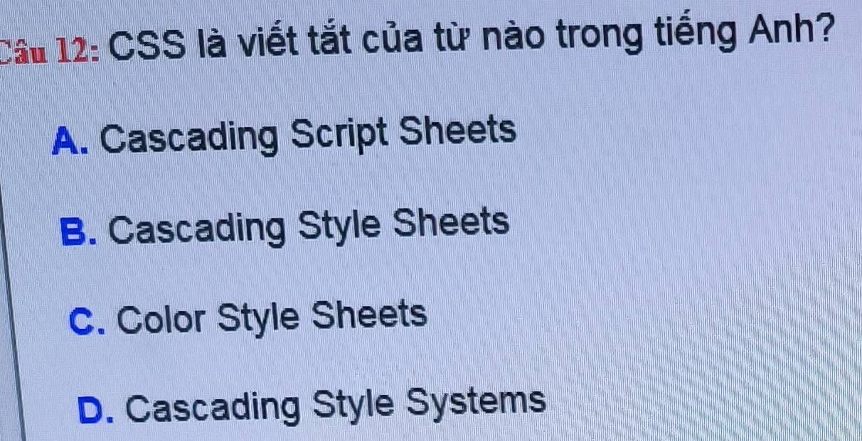 Cầu 12: CSS là viết tắt của từ nào trong tiếng Anh?
A. Cascading Script Sheets
B. Cascading Style Sheets
C. Color Style Sheets
D. Cascading Style Systems