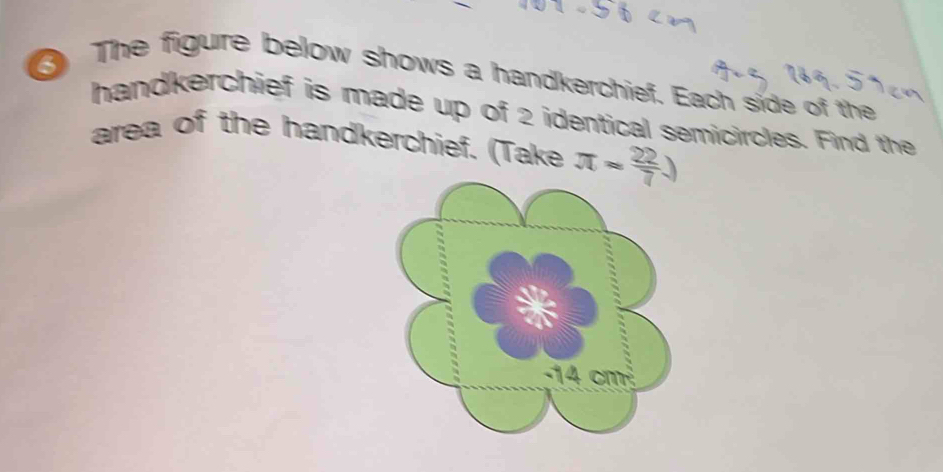 The figure below shows a handkerchief. Each side of the 
handkerchief is made up of 2 identical semicircles. Find the 
area of the handkerchief. (Take π approx  22/7 )