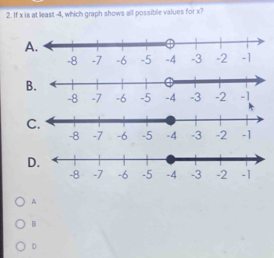 If x is at least -4, which graph shows all possible values for x?
A.
C.
D
A
B
D