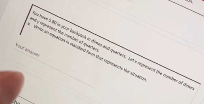 non. 
nd y represent the number of quarter 
Your answer 
have $.80 in your backpack in dimes and quarters. Let x represent the number of di 
Write an equation in standard form that represents the situati