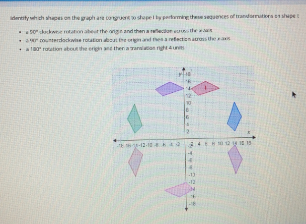 Identify which shapes on the graph are congruent to shape I by performing these sequences of transformations on shape !:
a 90° clockwise rotation about the origin and then a reflection across the x-axis
a 90° counterclockwise rotation about the origin and then a reflection across the x-axis
a 180° rotation about the origin and then a translation right 4 units