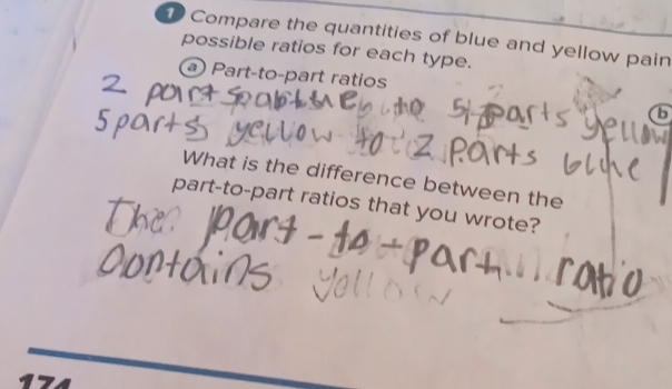 Compare the quantities of blue and yellow pain 
possible ratios for each type. 
Part-to-part ratios 
b 
What is the difference between the 
part-to-part ratios that you wrote?