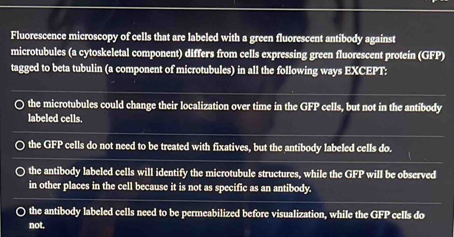 Fluorescence microscopy of cells that are labeled with a green fluorescent antibody against
microtubules (a cytoskeletal component) differs from cells expressing green fluorescent protein (GFP)
tagged to beta tubulin (a component of microtubules) in all the following ways EXCEPT:
the microtubules could change their localization over time in the GFP cells, but not in the antibody
labeled cells.
the GFP cells do not need to be treated with fixatives, but the antibody labeled cells do.
the antibody labeled cells will identify the microtubule structures, while the GFP will be observed
in other places in the cell because it is not as specific as an antibody.
the antibody labeled cells need to be permeabilized before visualization, while the GFP cells do
not.