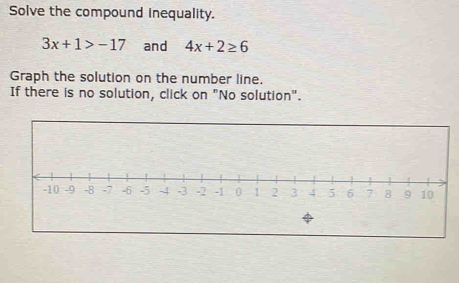 Solve the compound inequality.
3x+1>-17 and 4x+2≥ 6
Graph the solution on the number line. 
If there is no solution, click on "No solution".