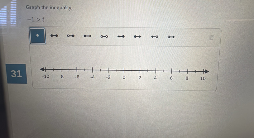 Graph the inequality.
-1>t. 
31