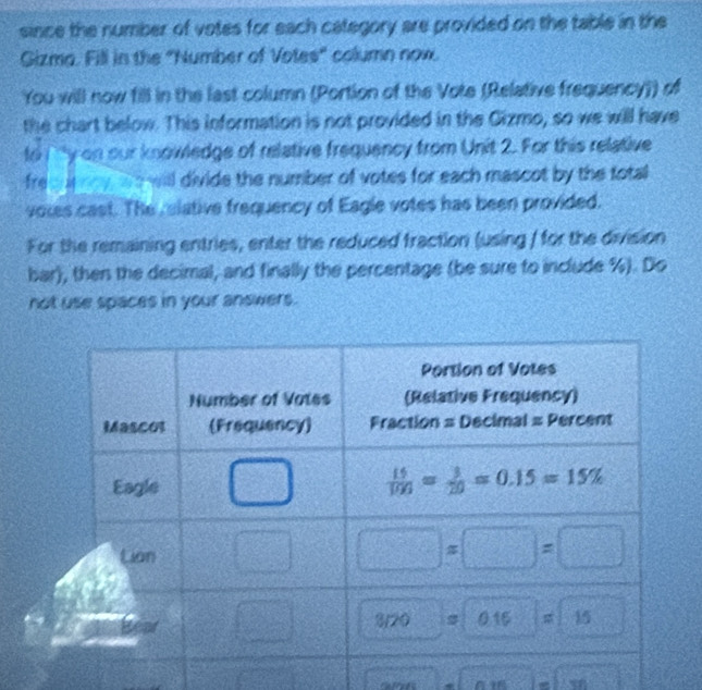 since the number of votes for each category are provided on the table in the
Gizma. Fill in the "Number of Votes" column now.
You will now fill in the last column (Portion of the Vote (Relative frequency)) of
the chart below. This information is not provided in the Gizmo, so we will have
to y on our knowledge of relative frequency from Unit 2. For this relative
fre  4  ay w a will divide the number of votes for each mascot by the total
votes cast. The , elative frequency of Eagle votes has been provided.
For the remaining entries, enter the reduced fraction (using / for the division
bar), then the decimal, and finally the percentage (be sure to include %). Do
not use spaces in your answers.
206.45m^(0.15)mL