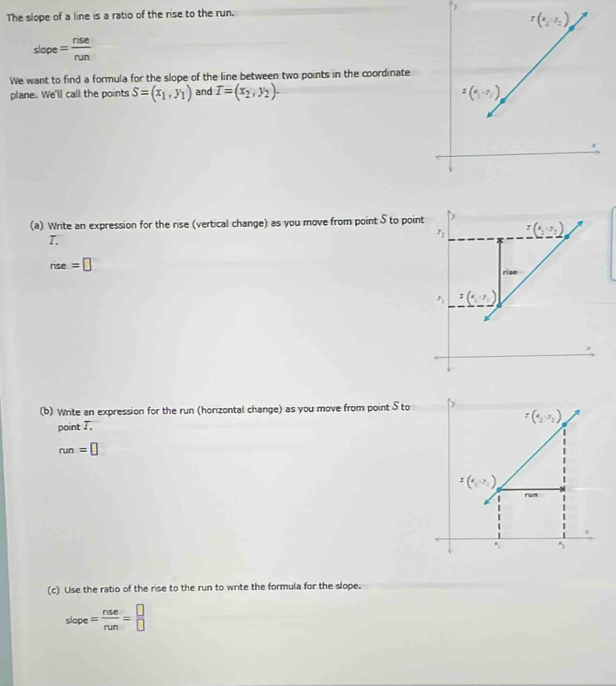 The slope of a line is a ratio of the rise to the run. J
slope= nse/run 
We want to find a formula for the slope of the line between two points in the coordinate 
plane. We'll call the points S=(x_1,y_1) and T=(x_2,y_2). 
(a) Write an expression for the rise (vertical change) as you move from point S to poin
T.
nse=□
(b) Write an expression for the run (horizontal change) as you move from point S to 
point T.
run=□
(c) Use the ratio of the rise to the run to write the formula for the slope.
slope= nse/nun = □ /□  