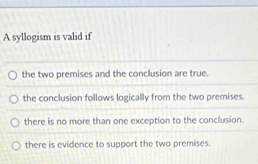 Solved: A syllogism is valid if the two premises and the conclusion are ...