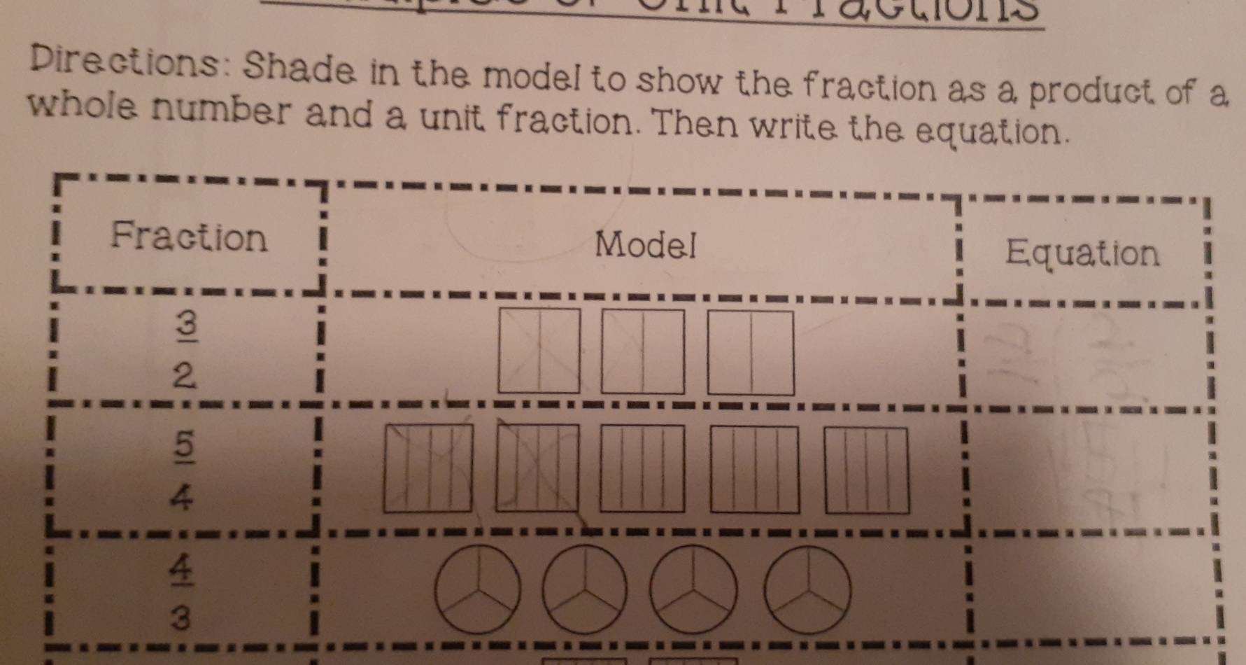 actions
Directions: Shade in the model to show the fraction as a product of a
whole number and a unit fraction. Then write the equation.