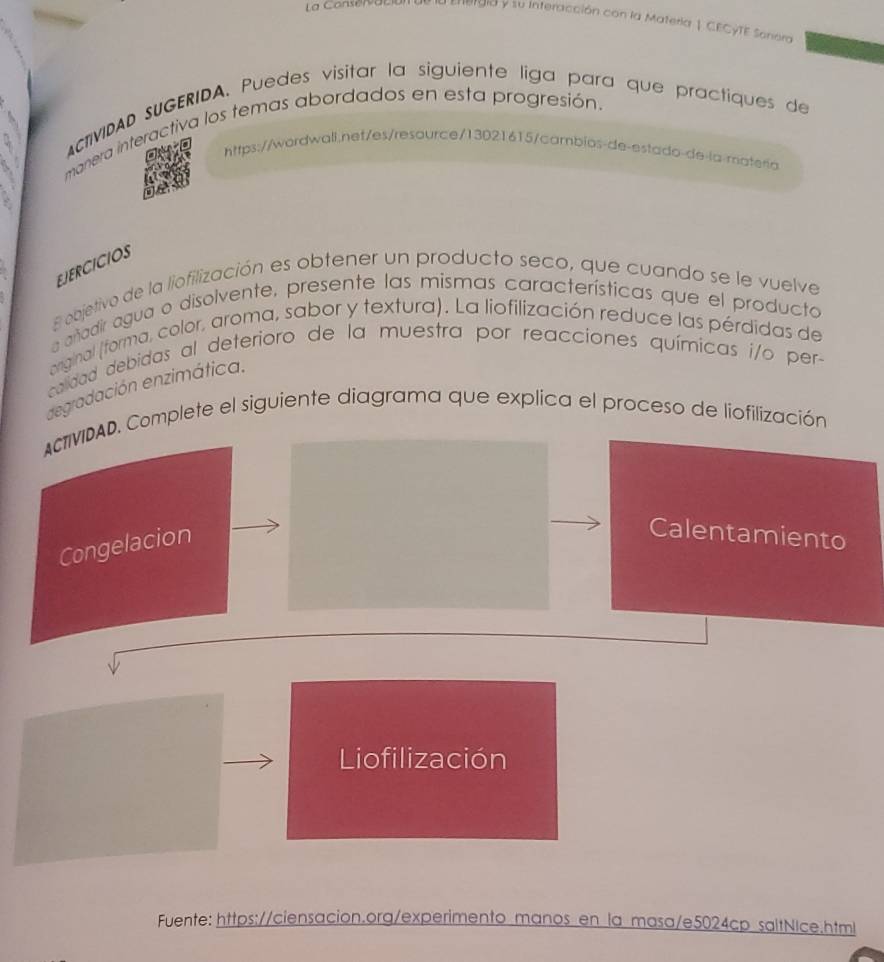 gla y su interacción con la Materla | CECyTE Sonora 
ACTIVIDAD SUGERIDA. Puedes visitar la siguiente liga para que practiques de 
manera interactiva los temas abordados en esta progresión. 
https://wordwali.net/es/resaurce/13021615/cambios-de-estado-de-la-materia 
EJERCICIOS 
8 objetivo de la liofilización es obtener un producto seco, que cuando se le vuelve 
a añadir agua o disolvente, presente las mismas características que el producto 
original (forma, color, aroma, sabor y textura). La liofilización reduce las pérdidas de 
calidad debidas al deterioro de la muestra por reacciones químicas i/o per- 
degradación enzimática. 
ACTIVIDAD. Complete el siguiente diagrama que explica el proceso de liofilización 
Congelacion 
Calentamiento 
Liofilización 
Fuente: https://ciensacion.org/experimento manos en la masa/e5024cp saltNice.html