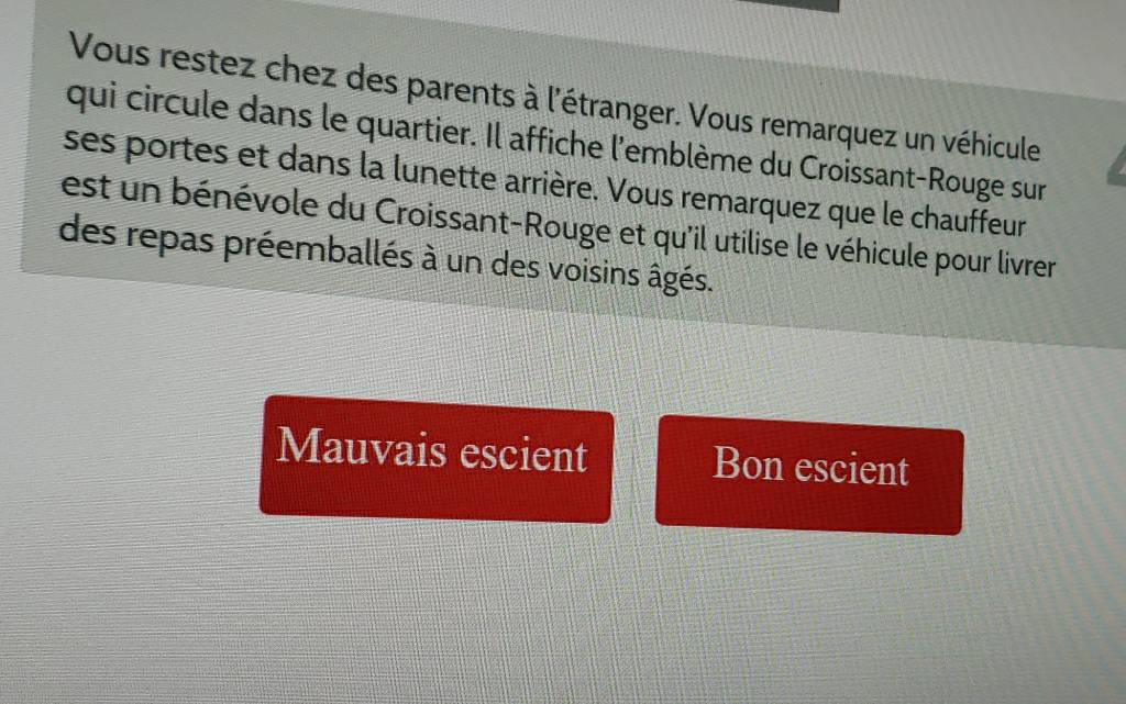 Vous restez chez des parents à l'étranger. Vous remarquez un véhicule 
qui circule dans le quartier. Il affiche l'emblème du Croissant-Rouge sur 
ses portes et dans la lunette arrière. Vous remarquez que le chauffeur 
est un bénévole du Croissant-Rouge et qu'il utilise le véhicule pour livrer 
des repas préemballés à un des voisins âgés. 
Mauvais escient Bon escient