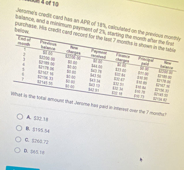 ution 4 of 10
Jerome's credit card has an APR of 18%, calculated on the
below. balance, and a minimum payment of 2%, 
purchase. His credit card
paid in interest over the 7 months?
A. $32.18
B. $195.54
C. $260.72
D. $65.18