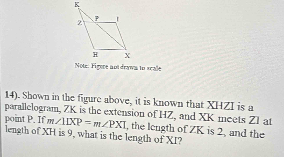 Note: Figure not drawn to scale 
14). Shown in the figure above, it is known that XHZI is a 
parallelogram, ZK is the extension of HZ, and XK meets ZI at 
point P. If m∠ HXP=m∠ PXI , the length of ZK is 2, and the 
length of XH is 9, what is the length of XI?