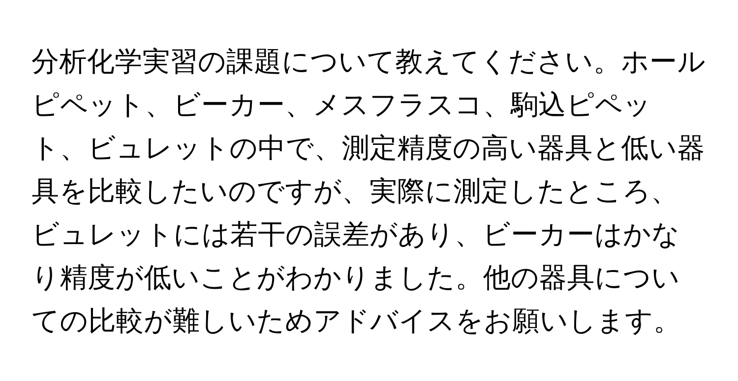 分析化学実習の課題について教えてください。ホールピペット、ビーカー、メスフラスコ、駒込ピペット、ビュレットの中で、測定精度の高い器具と低い器具を比較したいのですが、実際に測定したところ、ビュレットには若干の誤差があり、ビーカーはかなり精度が低いことがわかりました。他の器具についての比較が難しいためアドバイスをお願いします。