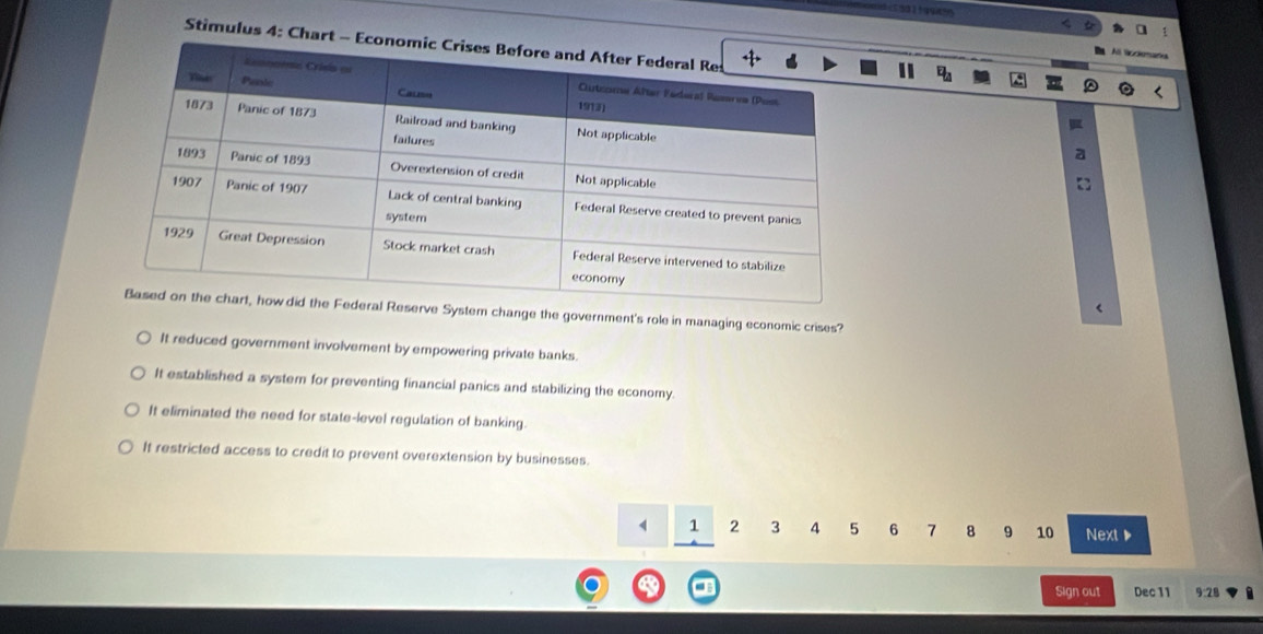 Stimulus 4: Chart - Econ
serve System change the government's role in managing economic crises?
It reduced government involvement by empowering private banks.
It established a system for preventing financial panics and stabilizing the economy.
It eliminated the need for state-level regulation of banking.
It restricted access to credit to prevent overextension by businesses.
1 2 3 4 5 6 7 8 9 10 Next▶
Sign out Dec 11 9:28