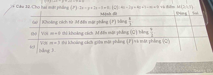 1^(cx) 2x-y+2z-9=0
Câu 32.Cho hai mặt phẳng (P): 2x-y+2z-5=0;(Q): 4x-2y+4z+1-m=0 và điểm M(2;1;5).
Trang 26