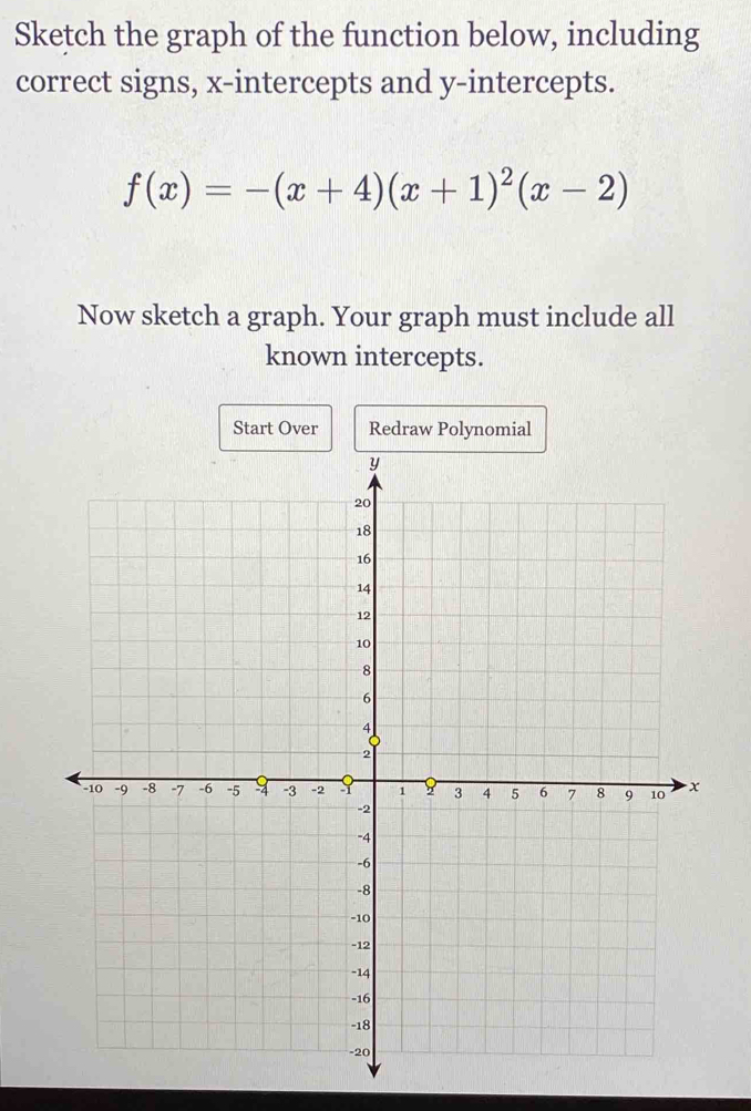 Sketch the graph of the function below, including 
correct signs, x-intercepts and y-intercepts.
f(x)=-(x+4)(x+1)^2(x-2)
Now sketch a graph. Your graph must include all 
known intercepts. 
Start Over Redraw Polynomial