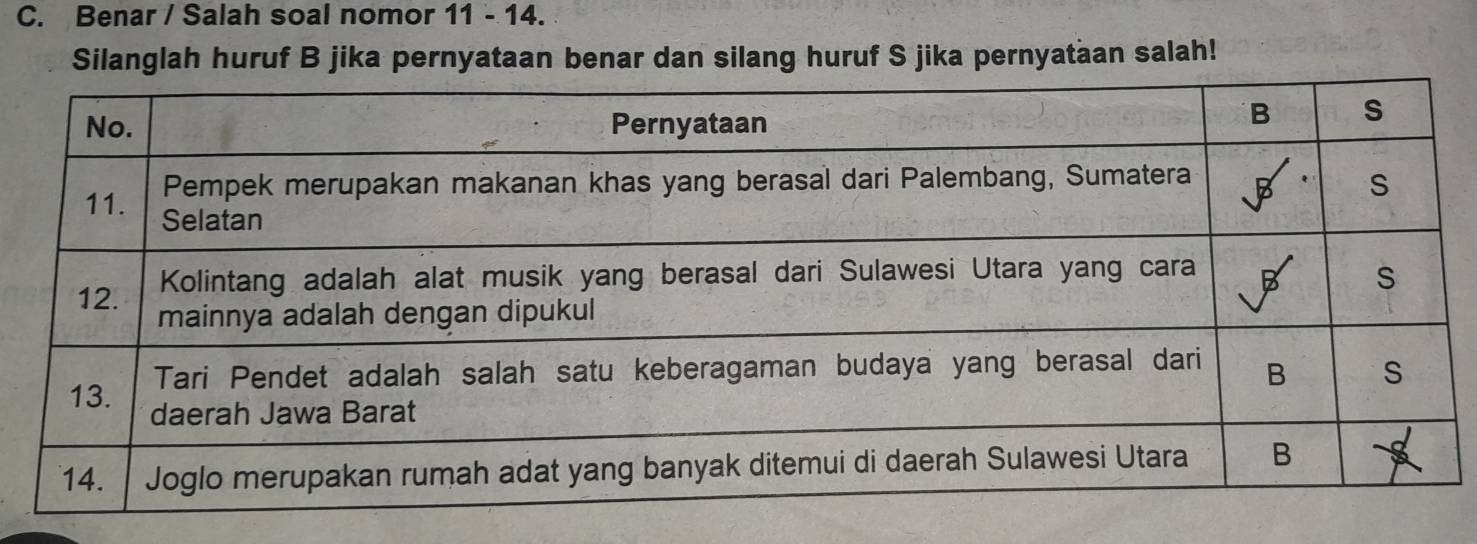 Benar / Salah soal nomor 11 - 14. 
Silanglah huruf B jika pernyataan benar dan silang huruf S jika pernyataan salah!