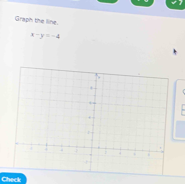 Graph the line.
x-y=-4
r 
Check