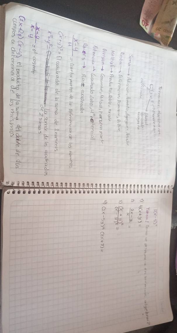 Terminor diebrolct 
0x3+3 Epoente
3(x-5)^2
Tarea: Como se pronunea en vermine algebrai? 
afficionte 
veeerble 
hoogtra
4(x+y)=
 (2x-y)/x =
Suma Adicaion, Aommito, Agagare Aricclar 
Rosta DiFerencia, Dismeir, Outur 
3) frac (x+y)^2(x-y)^8=
Moltivl Produc to, Doble, triple () (2x-5y)^4(3x+7)=
Division Conente, Mitad, tersera parte 
Porencia Coadrudo, cubo, u"porencial 
Roices Rais coadrada
 (x-y)/4 = Coarta parte de la Diferenciade los numeros
(x+y)^2=EI coadrade de aa soma de 2numeres
x^2+y^2=
La suma de los wadrados 
de 2 sumas
 (x-y)/x-y =e^1 cosiente 
el producto dela soma del dabre de dos
(2x+2y)(x-y) ccenpos a diferencia de los mismos