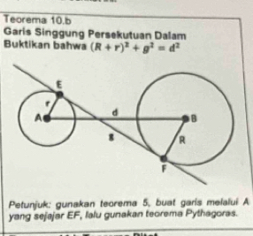 Teorema 10.b 
Garis Singgung Persekutuan Dalam 
Buktikan bahwa (R+r)^2+g^2=d^2
Petunjuk: gunakan teorema 5, buat garis melalui A 
yang sejajar EF, lalu gunakan teorema Pythagoras.