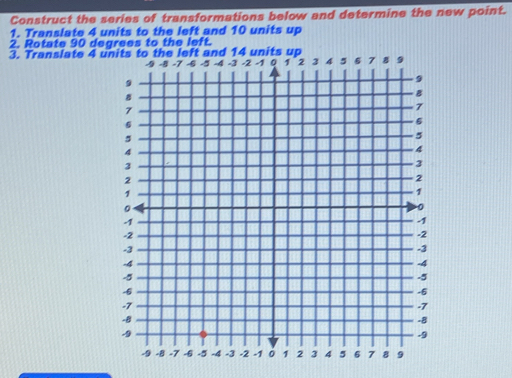 Construct the series of transformations below and determine the new point. 
1. Translate 4 units to the left and 10 units up 
2. Rotate 90 degrees to the left. 
3. Translate 4 units to the left and 14 units up