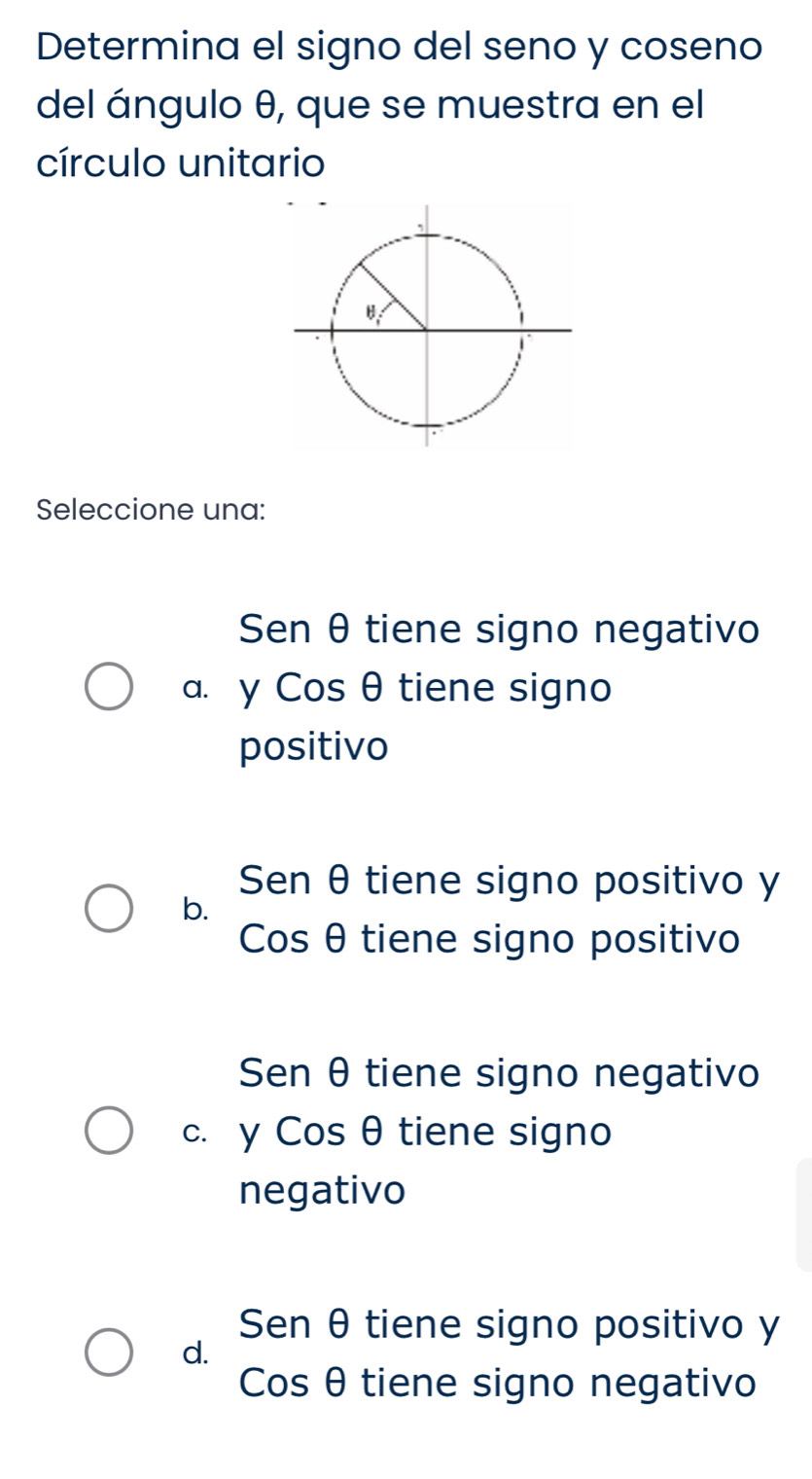 Determina el signo del seno y coseno
del ángulo θ, que se muestra en el
círculo unitario
Seleccione una:
Sen θ tiene signo negativo
a. y Cos θ tiene signo
positivo
Sen θ tiene signo positivo y
b.
Cos θ tiene signo positivo
Sen θ tiene signo negativo
c. y Cos θ tiene signo
negativo
Sen θ tiene signo positivo y
d.
Cos θ tiene signo negativo