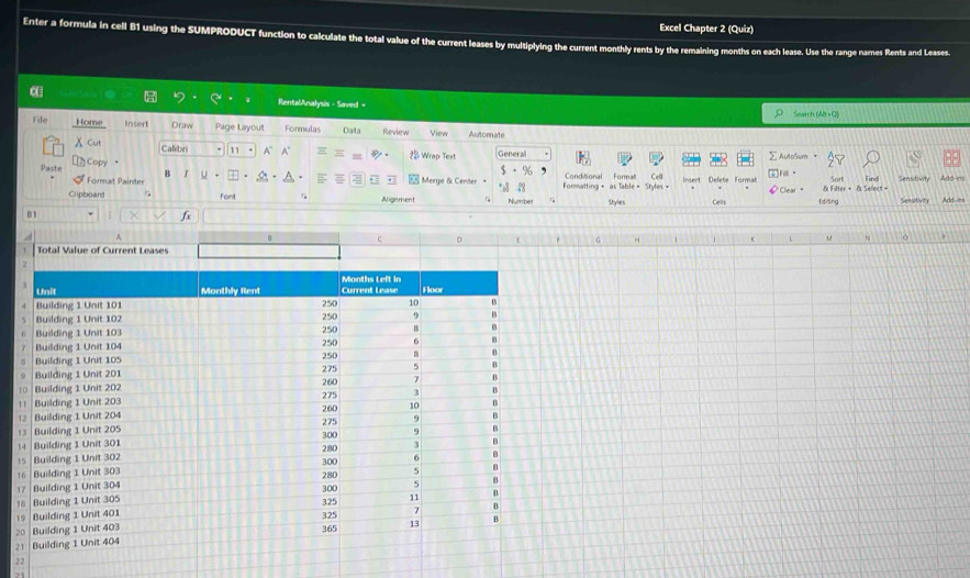 Solved: Excel Chapter 2 (Quiz) Enter a formula in cell B1 using the ...