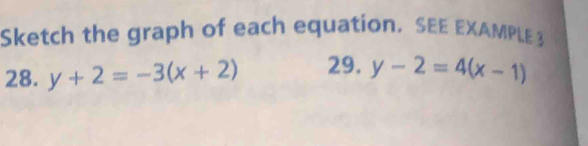 Sketch the graph of each equation. SEE EXAMPLE 3
28. y+2=-3(x+2)
29. y-2=4(x-1)