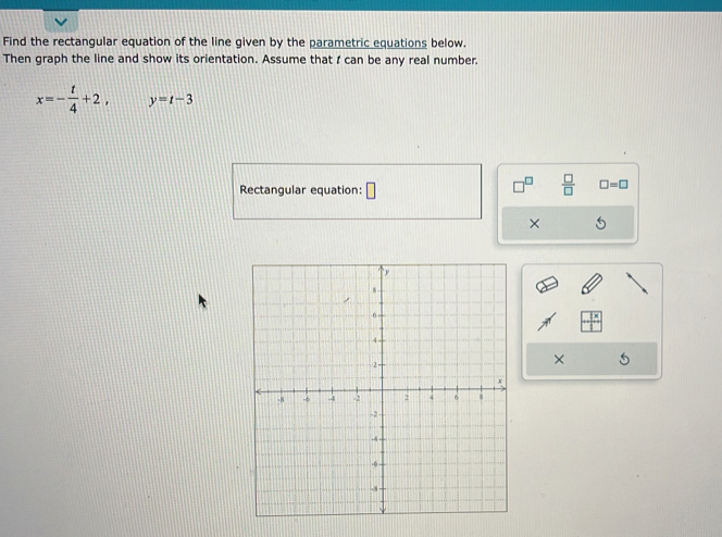 Find the rectangular equation of the line given by the parametric equations below. 
Then graph the line and show its orientation. Assume that I can be any real number.
x=- t/4 +2, y=t-3
Rectangular equation: □
 □ /□   □ =□
× 
×