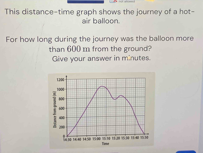 not allowed
This distance-time graph shows the journey of a hot-
air balloon.
For how long during the journey was the balloon more
than 600 m from the ground?
Give your answer in minutes.