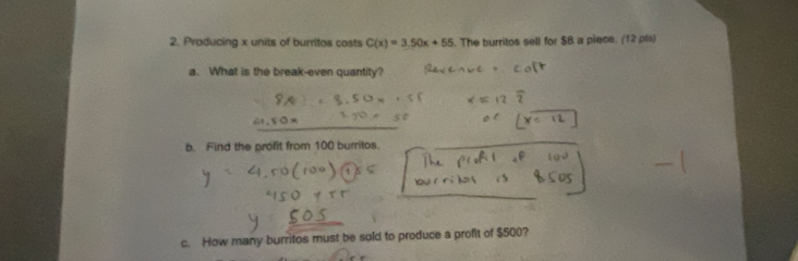Solved: Producing x units of burritos costs C(x)=3.50x+55. The burritos ...