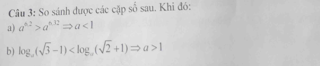 So sánh được các cặp số sau. Khi đó: 
a) a^(6,2)>a^(6,32)Rightarrow a<1</tex> 
b) log _a(sqrt(3)-1) 1