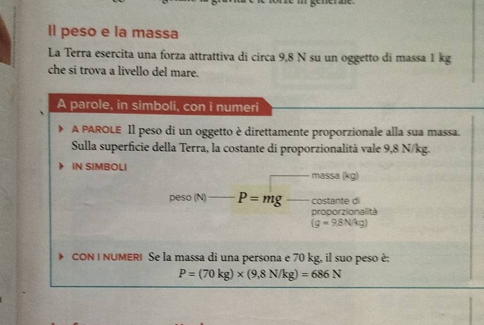 Il peso e la massa 
La Terra esercita una forza attrattiva di circa 9,8 N su un oggetto di massa 1 kg
che si trova a livello del mare. 
A parole, in simboli, con i numeri 
A PAROLE Il peso di un oggetto è direttamente proporzionale alla sua massa. 
Sulla superficie della Terra, la costante di proporzionalità vale 9,8 N/kg. 
IN SIMBOLI 
massa (kg) 
peso (N) P=mg costante di 
proporzionalità
(g=9,8N/kg)
cON I NUMERI Se la massa di una persona e 70 kg, il suo peso è:
P=(70kg)* (9,8N/kg)=686N