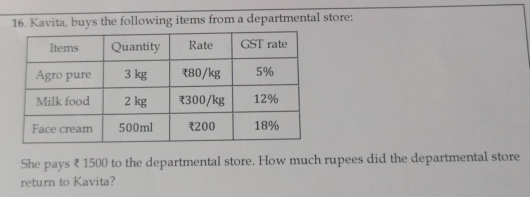 Kavita, buys the following items from a departmental store: 
She pays ₹ 1500 to the departmental store. How much rupees did the departmental store 
return to Kavita?