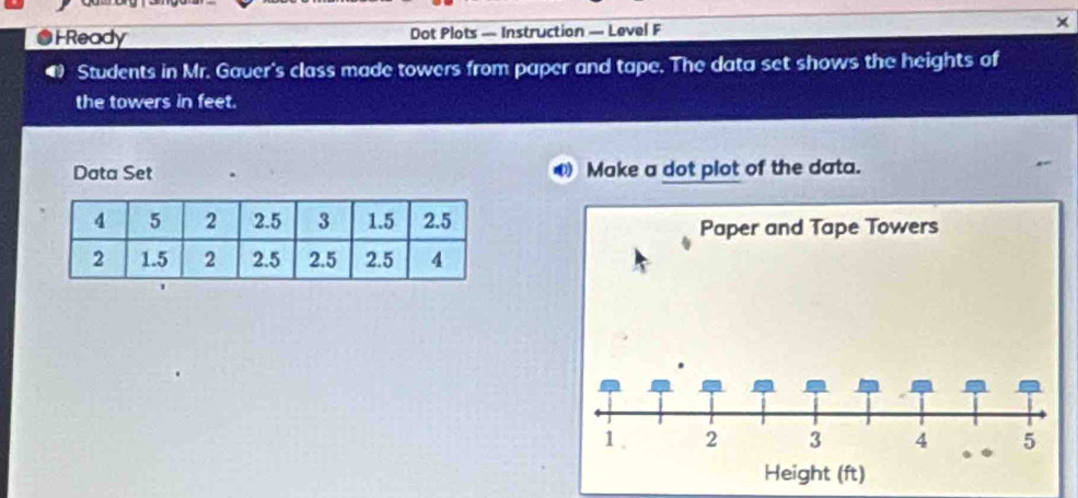 FReady Dot Plots — Instruction — Level F ×
4 Students in Mr. Gauer's class made towers from paper and tape. The data set shows the heights of 
the towers in feet. 
Data Set Make a dot plot of the data.