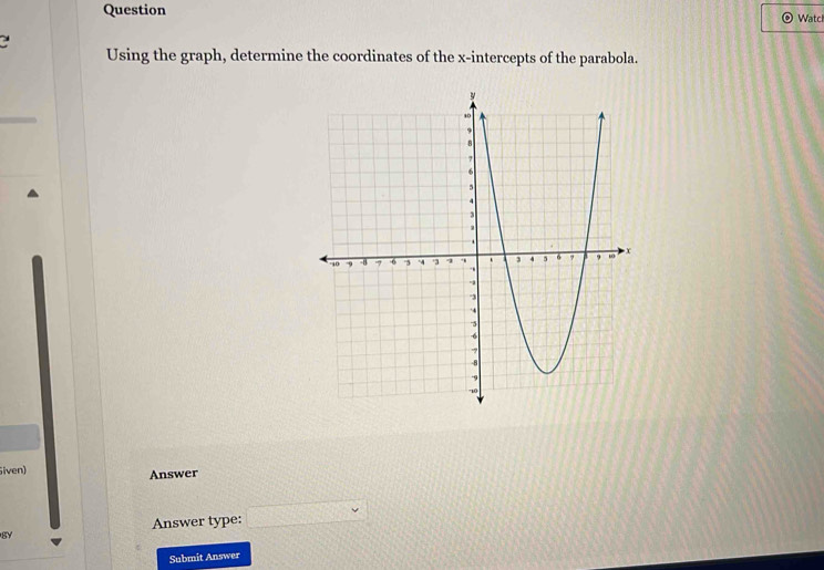 Question 
Watcl 
a 
Using the graph, determine the coordinates of the x-intercepts of the parabola. 
iven) Answer 
Answer type: □ 
SY 
Submit Answer