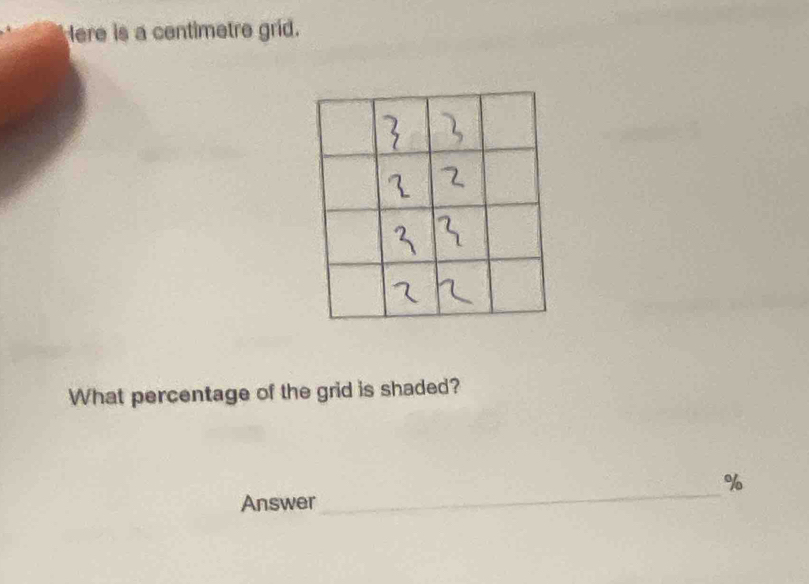 Here is a centimetre grid. 
What percentage of the grid is shaded? 
_
%
Answer