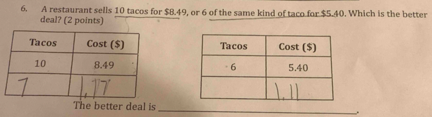 A restaurant sells 10 tacos for $8.49, or 6 of the same kind of taco for $5.40. Which is the better 
deal? (2 points) 


The better deal is_ 
.