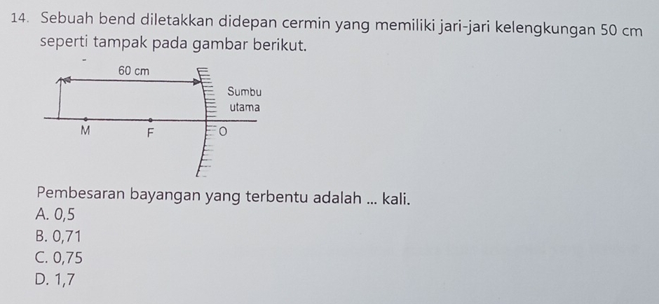 Sebuah bend diletakkan didepan cermin yang memiliki jari-jari kelengkungan 50 cm
seperti tampak pada gambar berikut.
Pembesaran bayangan yang terbentu adalah ... kali.
A. 0,5
B. 0,71
C. 0,75
D. 1,7