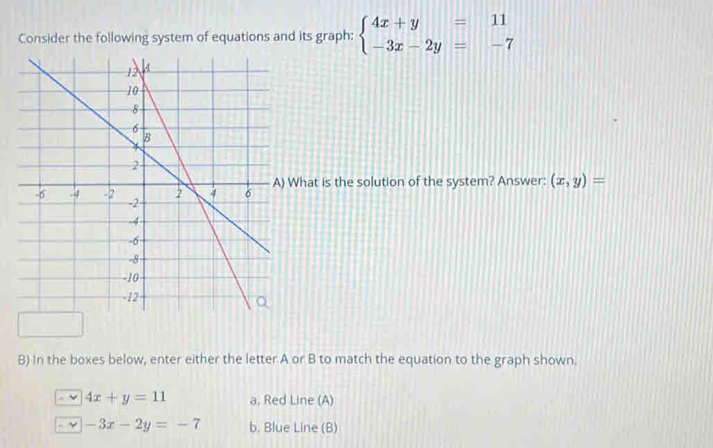 Consider the following system of equations and its graph: beginarrayl 4x+y=11 -3x-2y=-7endarray.
What is the solution of the system? Answer: (x,y)=
B) In the boxes below, enter either the letter A or B to match the equation to the graph shown.
~ 4x+y=11 a. Red Line (A)
-3x-2y=-7 b. Blue Line (B)