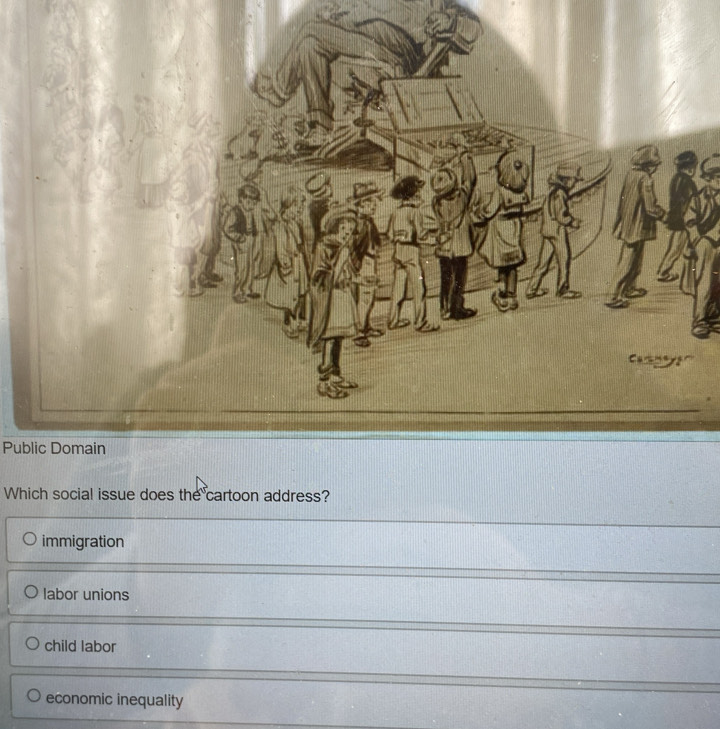 Campry
Public Domain
Which social issue does the cartoon address?
immigration
labor unions
child labor
economic inequality