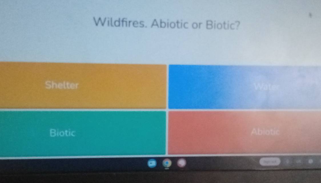 Wildfires. Abiotic or Biotic? 
Shelter 
Biotic