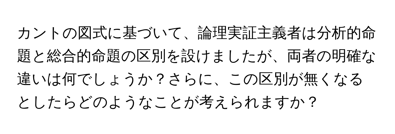 カントの図式に基づいて、論理実証主義者は分析的命題と総合的命題の区別を設けましたが、両者の明確な違いは何でしょうか？さらに、この区別が無くなるとしたらどのようなことが考えられますか？